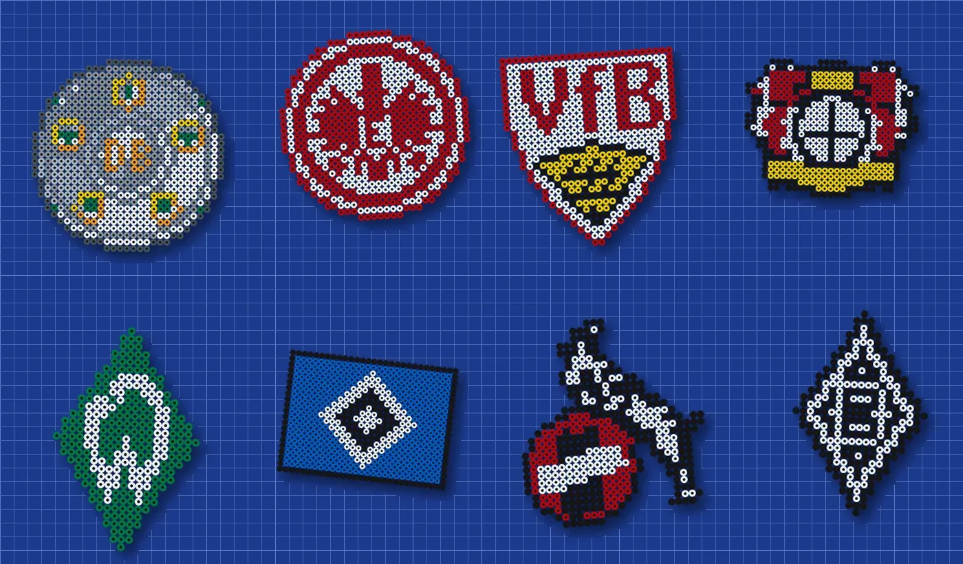 Bundesliga Bügelperlen Vorlagen: Meisterschale und Wappen von Frankfurt, Stuttgart, Leverkusen, Bremen, HSV, Köln und Gladbach
