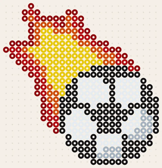 Ball in Flammen als Fußball Bügelperlen Vorlage, 25 × 26 Perlen, 7 Farben