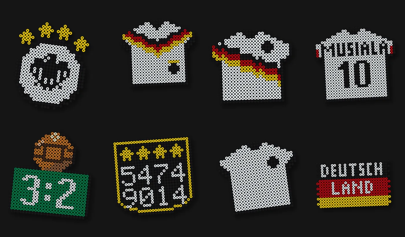 Nationalmannschaft Bügelperlen Vorlagen: DFB-Wappen, Heimtrikot, Retro-Trikot 1990, Musiala-Trikot, Wunder von Bern, vier Sterne, Retro-Trikot 1974 und Fanschal