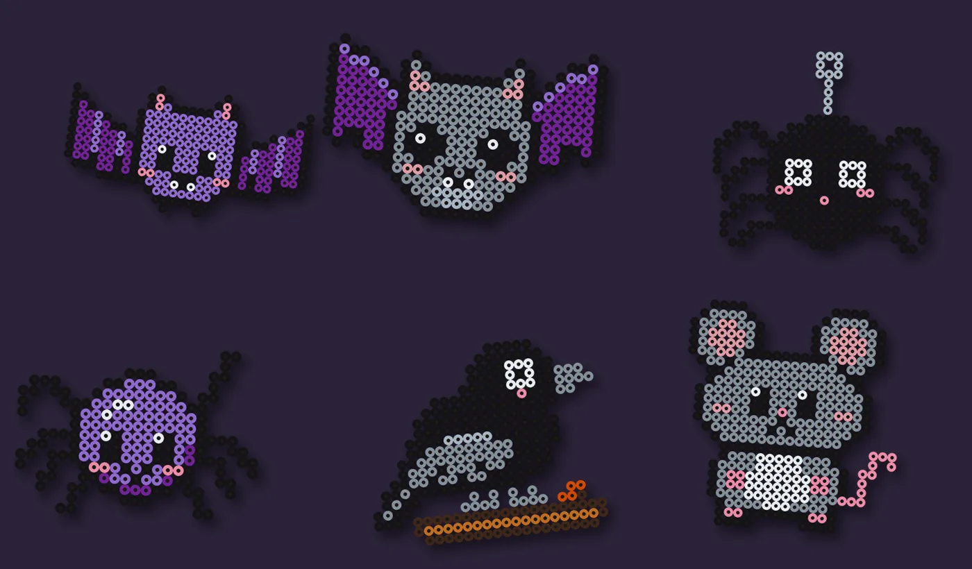 Bügelperlen Fledermaus Vorlagen mit Fledermaus mit Zähnchen, kugelrunder Fledermaus, hängender Spinne, süßer Spinne, Rabe und Maus
