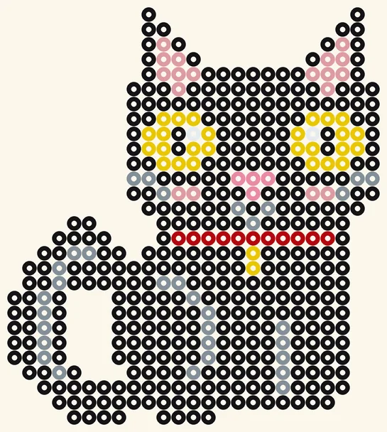 Schwarze Katze mit Glöckchen als Halloween Bügelperlen Vorlage, 25 × 28 Perlen, 7 Farben