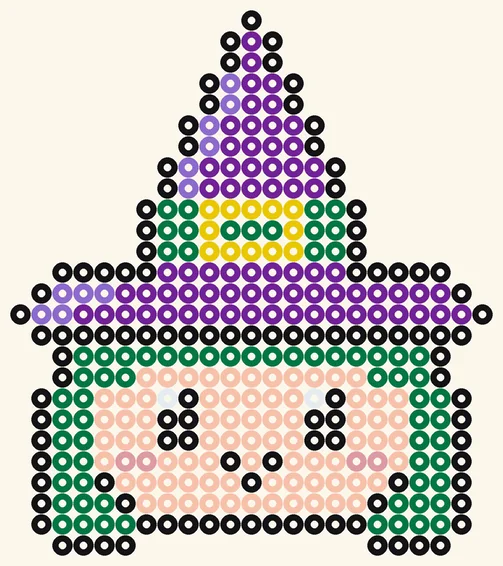 Süße kleine Hexe als Halloween Bügelperlen Vorlage, 23 × 26 Perlen, 8 Farben