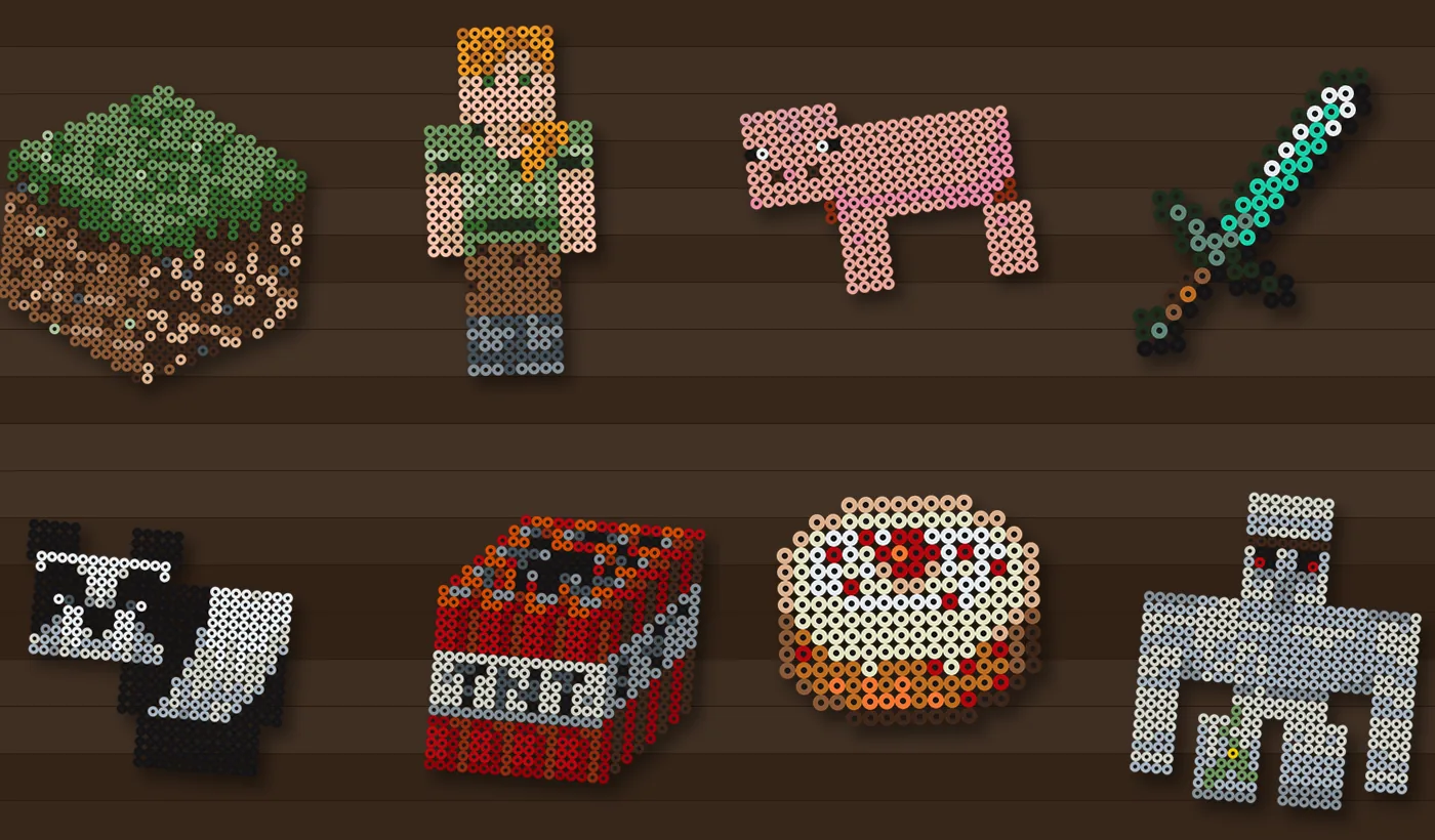 Minecraft Bügelperlen Vorlagen auf Holztisch: Grasblock, Alex, Schwein, Diamantschwert, Panda, TNT, Kuchen und Eisengolem
