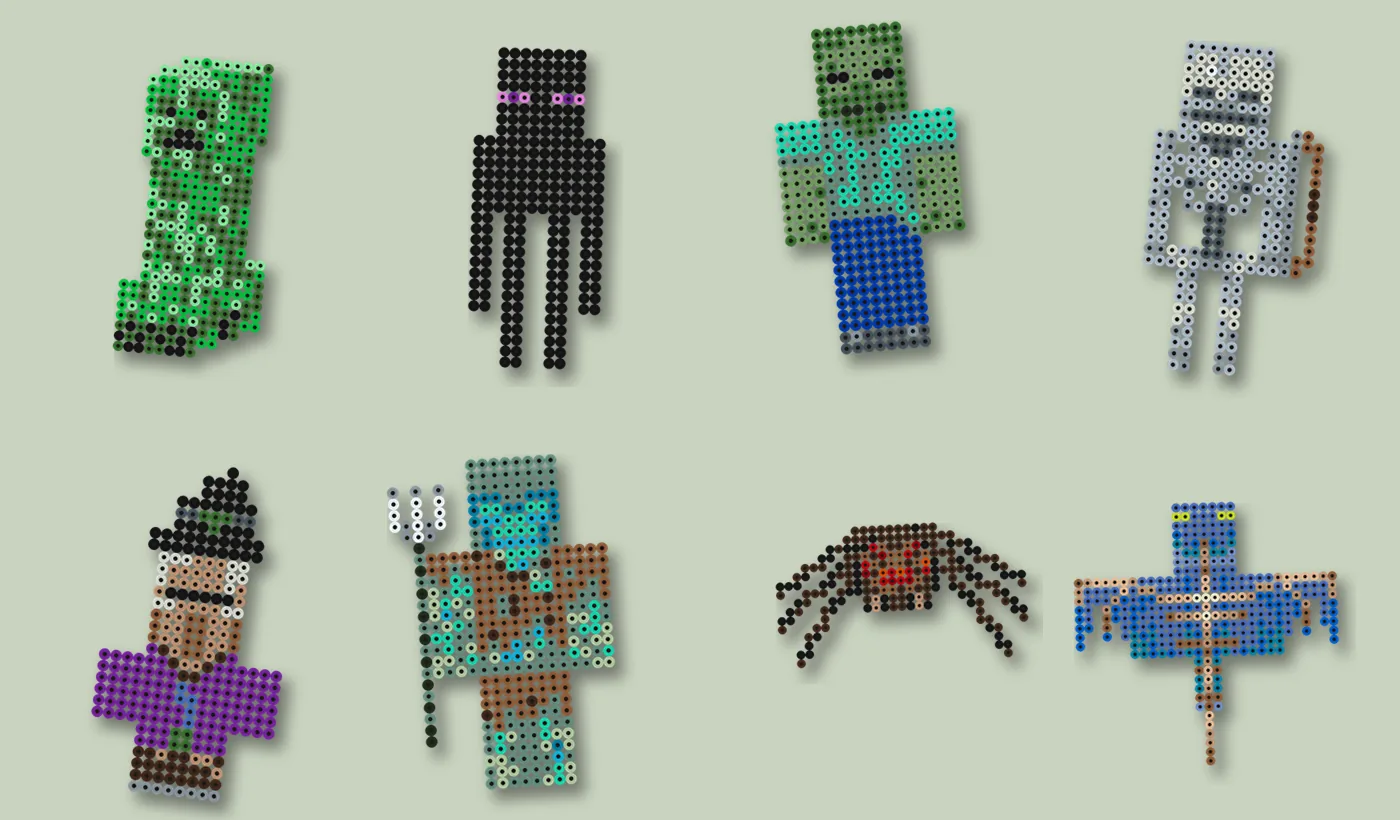 Minecraft Mobs als Bügelperlen Vorlagen: Creeper, Enderman, Zombie, Skelett, Hexe, Ertrunkener, Spinne und Phantom in einer Reihe