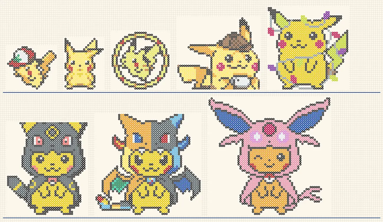 Größenvergleich der acht Pikachu Bügelperlen Vorlagen von 24 × 21 bis 59 × 57 Perlen