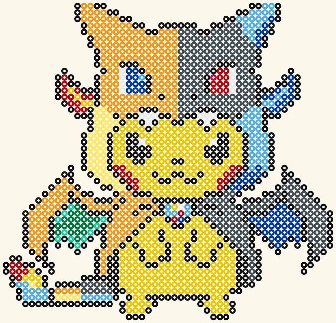 Pikachu im Mega-Glurak-Kostüm als Pokémon Bügelperlen Vorlage, 51 × 49 Perlen, 12 Farben