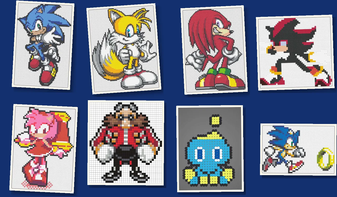 Sonic strijkkralen als kant-en-klare motieven: Sonic, Tails, Knuckles, Shadow, Amy Rose, Dokter Eggman, Chao en Sonic met ring