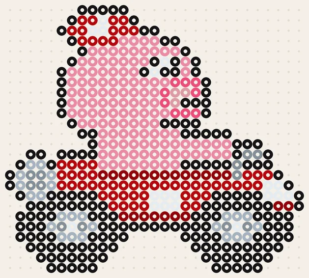 Birdo im Kart als Super Mario Bügelperlen Vorlage, 29 × 26 Perlen, 9 Farben