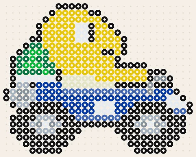 Koopa im Kart als Super Mario Bügelperlen Vorlage, 29 × 23 Perlen, 10 Farben