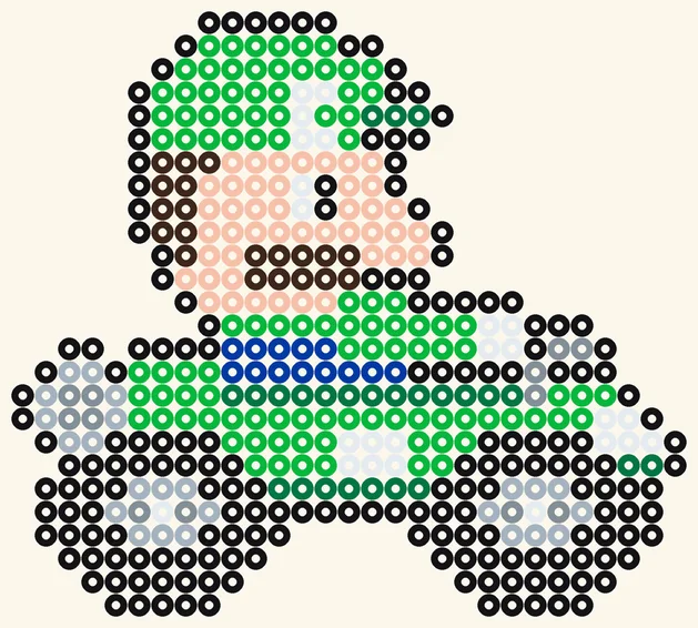 Luigi im Kart als Bügelperlen Vorlage, 29 × 26 Perlen, grüner Wagen