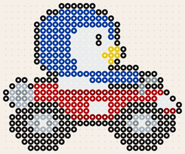 Pinguin im Kart als Super Mario Bügelperlen Vorlage, 29 × 24 Perlen, 8 Farben