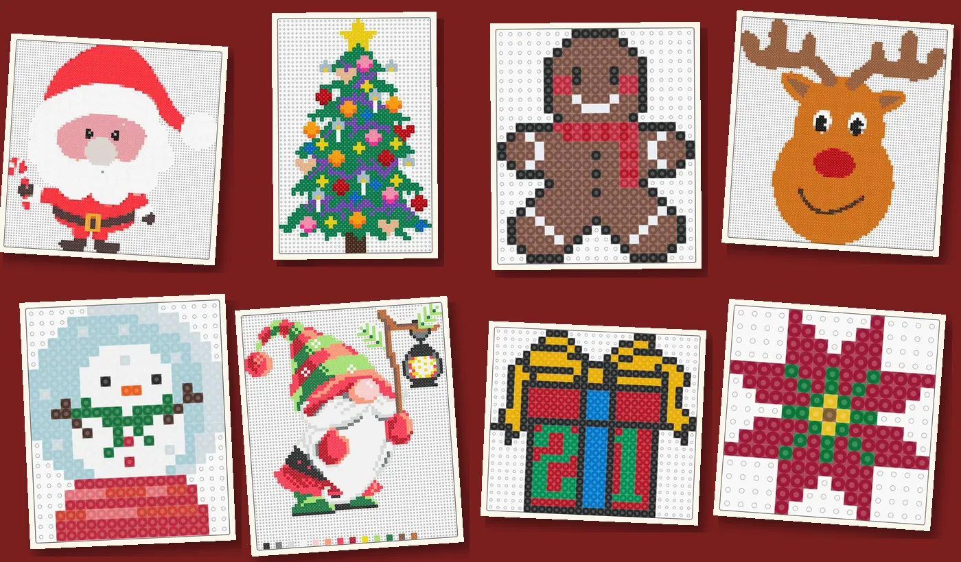 Kerst strijkkralen als kant-en-klare motieven: kerstman, kerstboom, peperkoekmannetje, rendier, sneeuwbol, kabouter, cadeau en kerstster